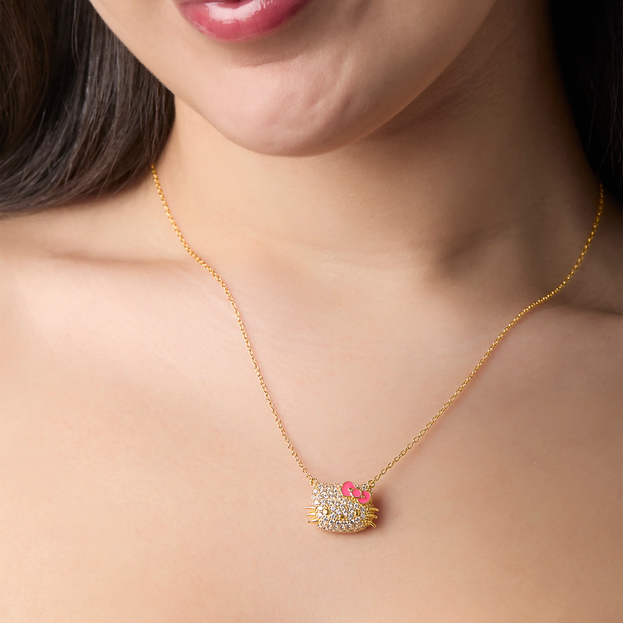 Hello Kitty 18” Gold Plated Face Pave 3D Necklace - Image 2