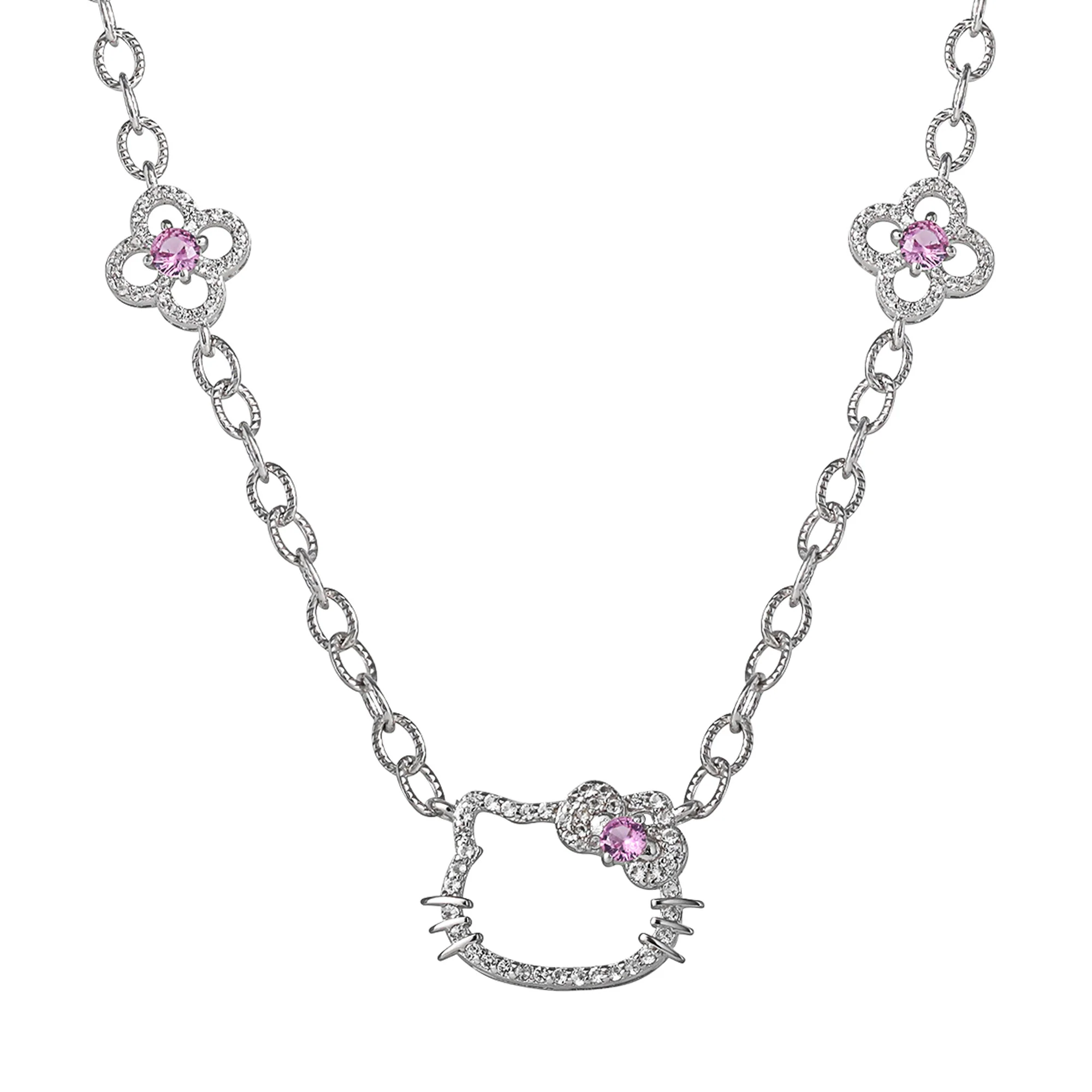 Hello Kitty 18" Quatrefoil Sterling Silver Drop Necklace (Pink & White Sapphire)